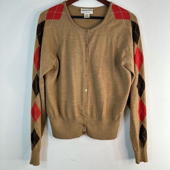 Vintage 90s Pendleton Women’s Merino Wool Argyle Print Cardigan Sweater Large - Picture 1 of 9